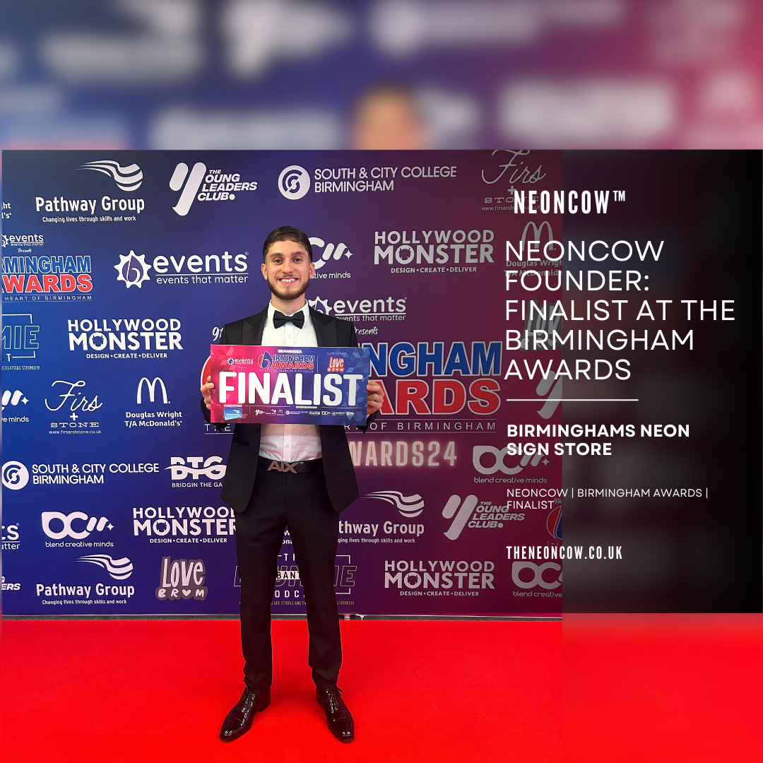 Jack Quddus at the Birmingham Awards, holding his finalist award for 'Young Achiever of the year" for his efforts of leading NeonCow to be Birmingham's Neon Sign Store.