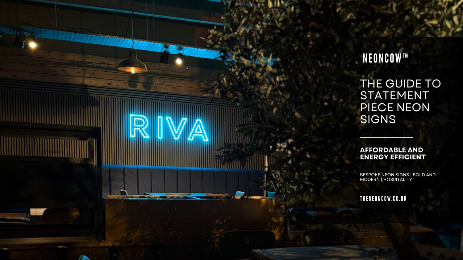 modern and high end bar design with a ice blue neon sign logo that is designed for hospitality
