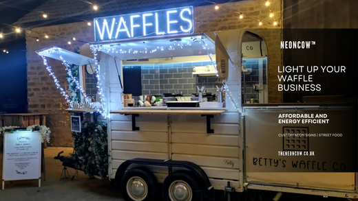Custom LED neon sign for waffle stand illuminated in a trendy street food stall
