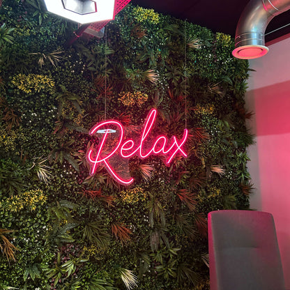 relax hot pink neon sign in a office decor for a breakout room in birmingham. modern and perfect for staff kitchen.