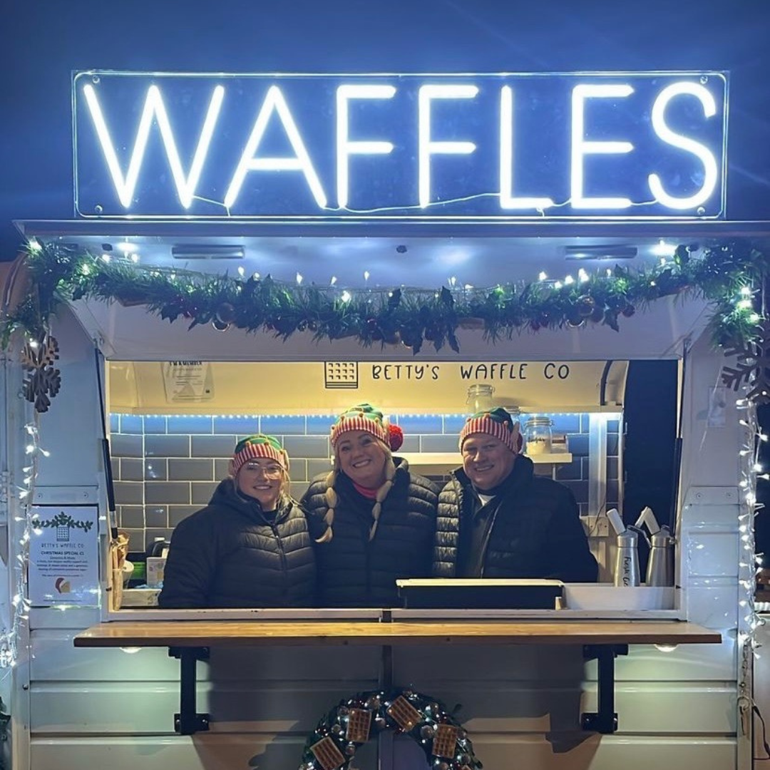 Eye-catching neon sign reading 'Waffles' – ideal for waffle stand traders, food truck vendors, and street food markets